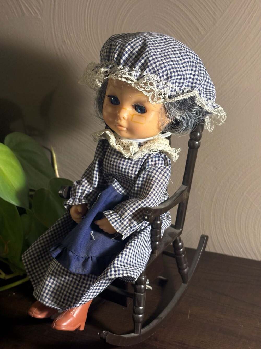 Vintage Mechanical Rocking Chair Doll with Gingham Outfit